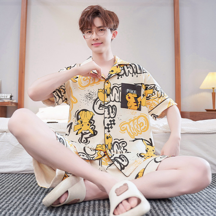 男士睡衣夏季纯棉薄款短袖卡通翻领青少年男款大码夏天家居服套装