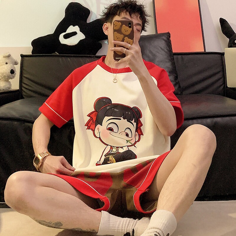 哪吒睡衣男夏季纯棉短袖薄款卡通动漫家居服夏天国潮男士大码套装