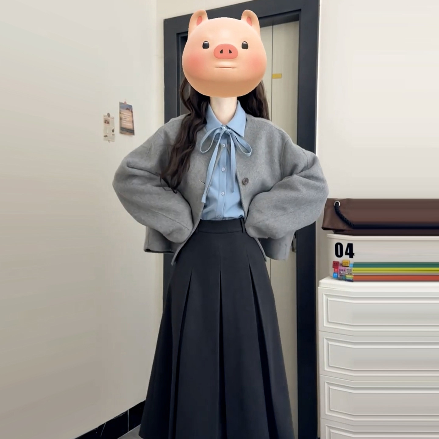 韩系学院风穿搭套装灰色毛呢外套蓝色衬衫内搭上衣女半身裙三件套,女装/女士精品,时尚套装,淘宝优惠券,粉丝福利购,淘宝优惠卷