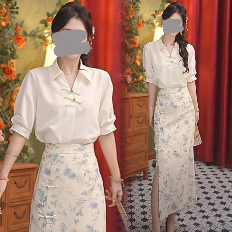 时尚韩版女装2025好看新款小众洋气国风衬衫配花色修身半身裙套装