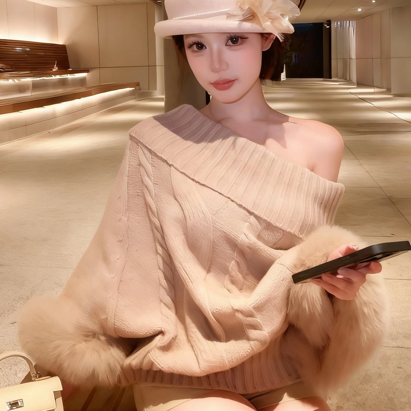 慵懒风高领毛毛袖麻花针织斗篷毛衣女宽松气质名媛千金感毛绒上衣