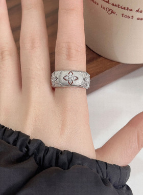 英国设计师cherry kittys925银镂空拉丝中古织纹四叶草戒指小众