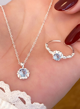 日本portney bells925银蓝色锆石花朵项链套装女 夏季清新气质