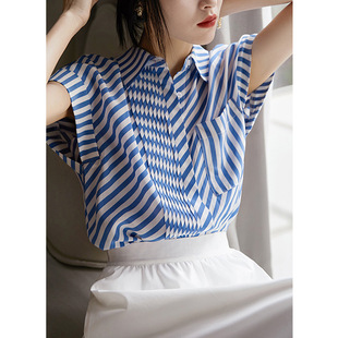 日本portney bell 条纹短袖真丝衬衫不对称压褶蝙蝠袖通勤桑蚕丝