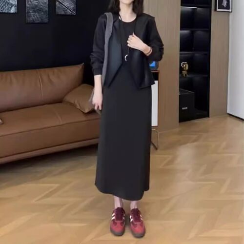 日本portney bell秋季新款简约宽松中长款连衣裙搭马甲洋气女
