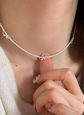 日本portney bells925银蝴蝶结仿施家珍珠项链女ins夏甜美