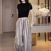 圆领修身 新款 短袖 t恤休闲条纹阔腿裤 日本portney 女装 bell夏季