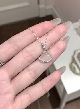 英国设计师cherry kitty新中式s925银扇形项链女复古白玉髓吊坠小