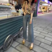 bell新款 显瘦时尚 长袖 直筒牛仔裤 翻领花衬衫 日本portney