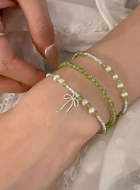 日本portney bells925银橄榄石淡水珍珠蝴蝶结碎银手链女ins夏季