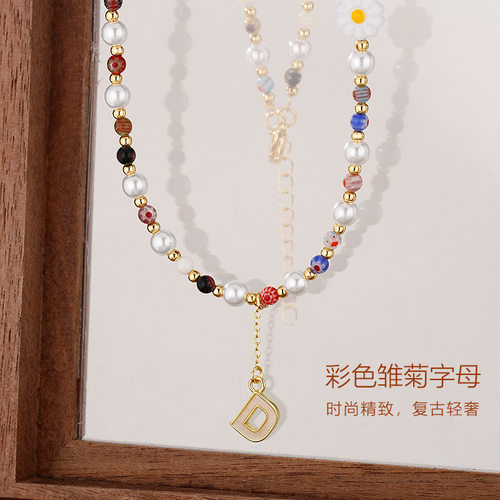 日本portney bell彩色雏菊字母珍珠串珠项链女年新款潮春夏颈