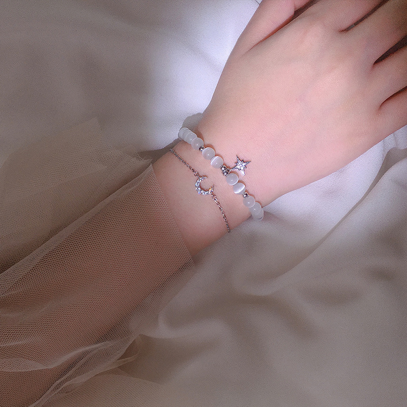 英国设计师cherry kitty小清新简约时尚猫眼石手串925银星月手链