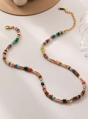 日本Portney Bell复古彩色波西米亚算盘珠石头项链手工串珠高级