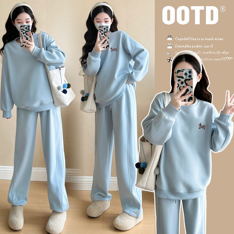 法国cherry kitty孕妇装冬装慵懒风休闲套装加绒加厚圆领卫衣