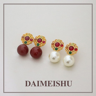 日本Portney Bell新中式国风复古红玛瑙珍珠耳环高级感轻奢时尚