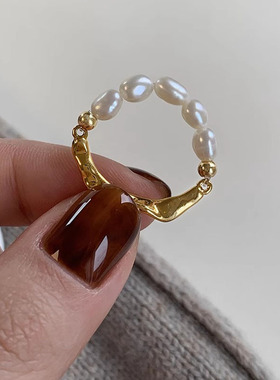 日本portney bells925银异形珍珠波浪戒指女ins法式复古轻奢小众