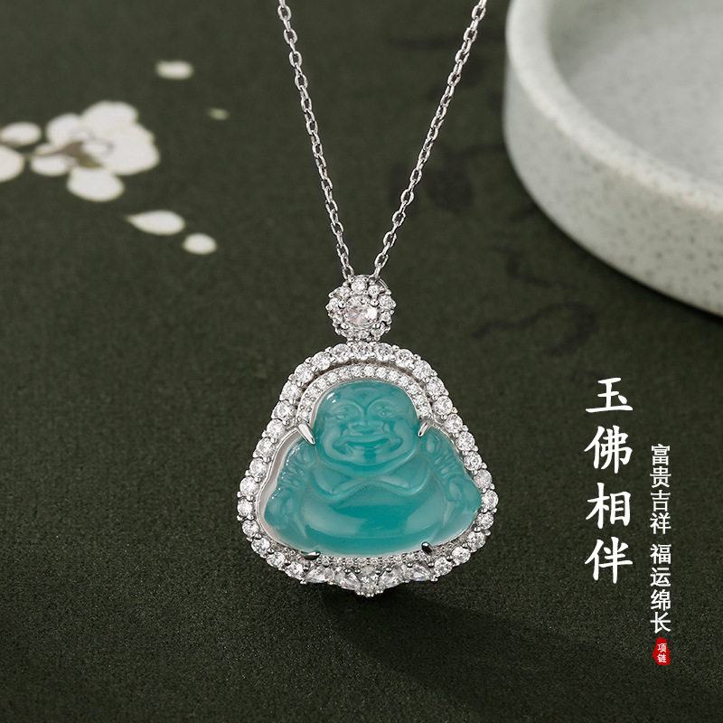 日本Portney Bell新中式冰透蓝水佛公项链女弥勒佛吊坠锁骨链轻