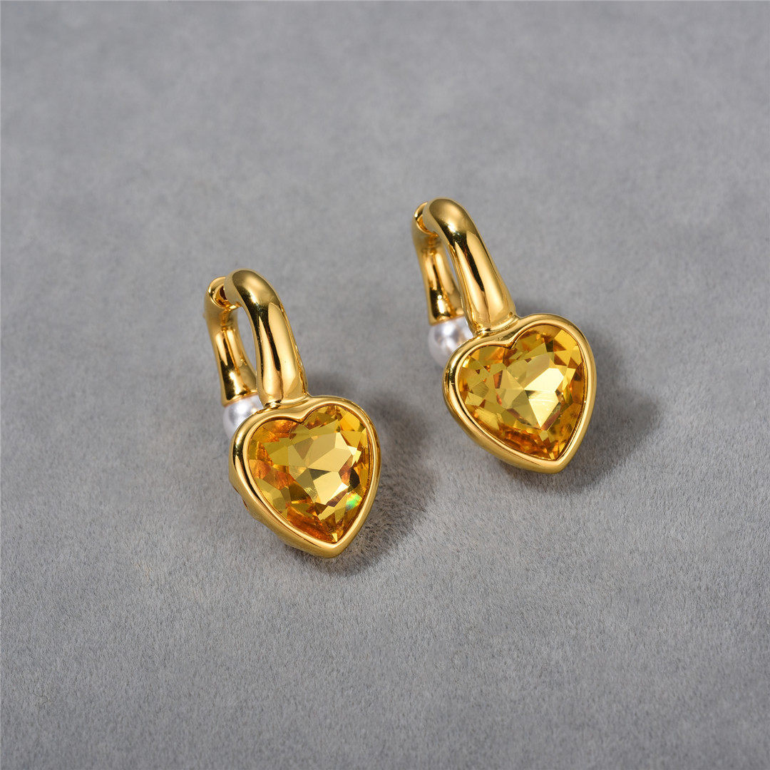 日本Portney Bell复古时髦镶嵌可拆卸黄钻爱心耳钉珍珠耳饰欧美