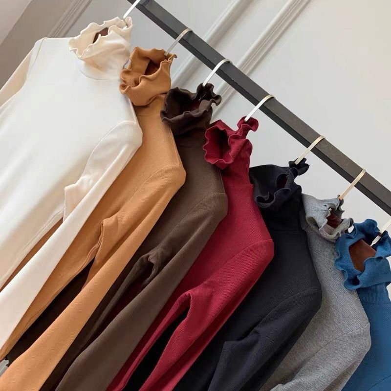 秋冬新款定制桑蚕丝堆堆领打底衫女高领加绒加厚长袖木耳边上衣女