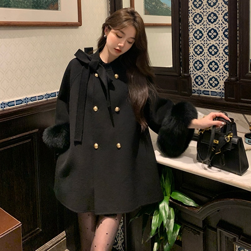 法式毛呢外套秋冬新款气质加厚保暖毛毛袖口呢子大衣小个子