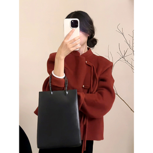 新中式红色毛呢大衣女秋冬季国风盘扣立领设计感短款高级呢子外套