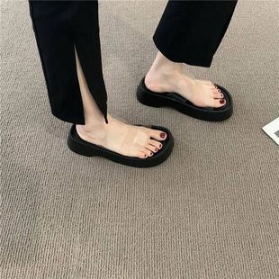 设计感小众厚底鞋 松糕鞋 透明一字带露趾凉拖拖鞋 女夏外穿春夏女鞋