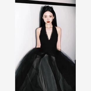 黑色v領公主晚禮服裙女宴會高端輕奢小眾主持人藝考成人禮高級感