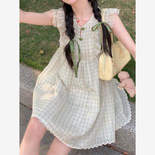 新中式 小个子甜美少女可爱四叶草裙子 盘扣小飞袖 绑带连衣裙女夏季