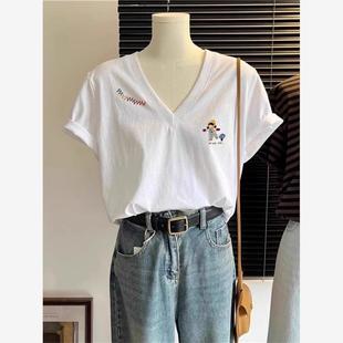 纯棉v领落肩t恤女短袖 夏季 高级感宽松显瘦鸡心领上衣2025新款 爆款
