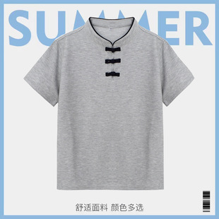 中小学生短袖校服灰色盘扣衣领吸汗透气英伦短袖T恤男女童中国风