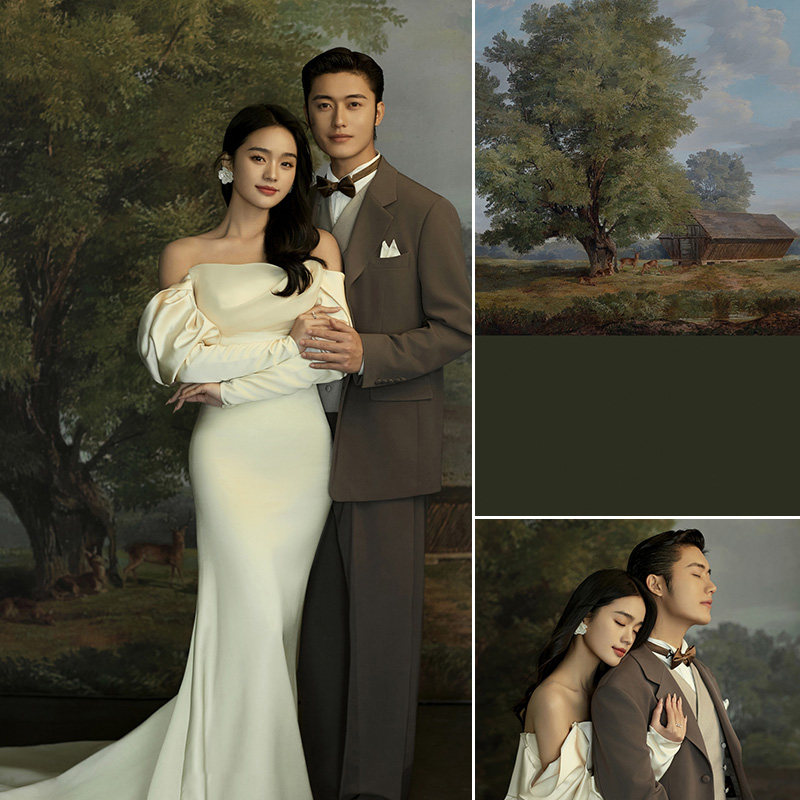 浪漫油画布婚纱照影楼婚纱摄影可定制大尺寸小众高级感场景布置复古
