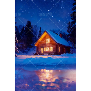 圣诞雪景小屋儿童摄影写真拍照背景布背景布夜喷绘晚氛围感儿童男童童话主题写真室内摄影棚节日写真MH 3189