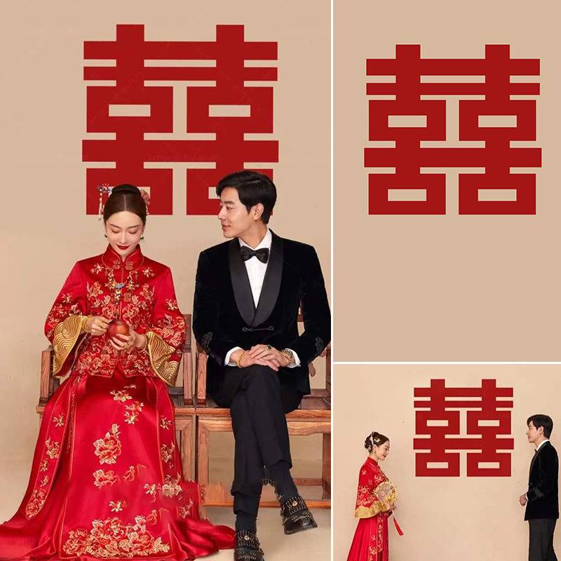 红色喜字影楼婚纱照旗袍工笔画中国风油画布背景布摄影拍摄道具喷绘背景室内拍照艺术婚纱影棚写真幕布背景布