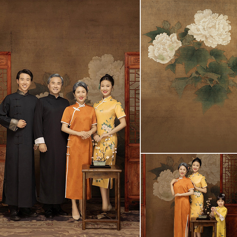 2024年新款新中式全家福主题工笔画影楼婚纱摄影室内影棚一家六口团聚节日新年幸福时光花朵亲子照MH-0001