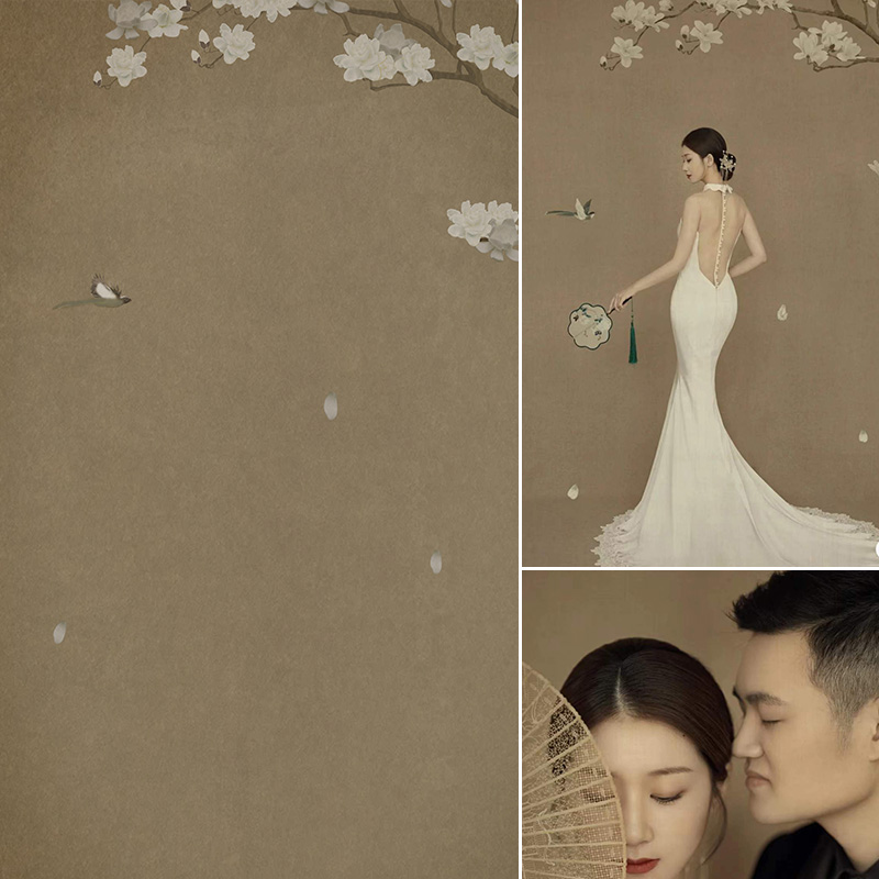 工笔画婚纱照背景布影楼油画布画中人摄影影棚拍摄道具复古喷绘背景仿手绘中国风室内拍照艺术写真幕布背景布