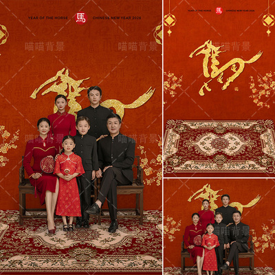 马年新款红色全家福写真拍照背景布一家六口直播商拍摄影道具背景纸高级感新中式背景墙影棚室内MH-3346
