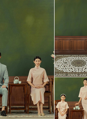 绿色肌理纹理民国全家福旗袍端庄大气影楼婚纱摄影背景布韵味古装一家三口中国风美学风格照相馆MH-1158
