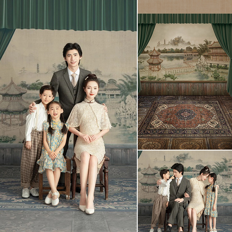 民国全家福高级感影楼婚纱摄影影棚影楼照相写真背景纸工作室直播工笔