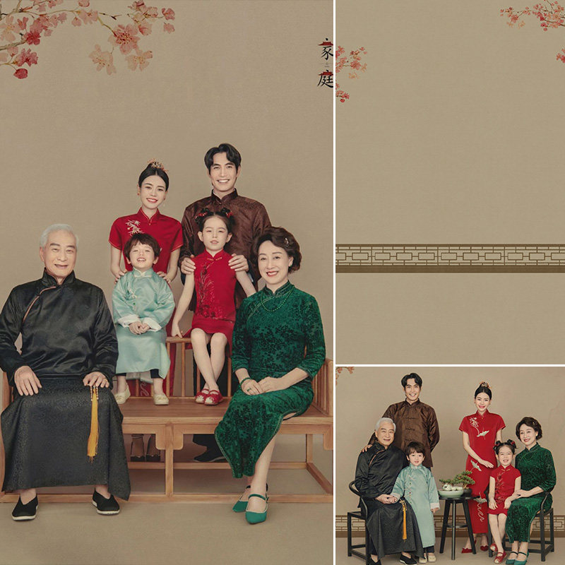 全家福工笔画古装新中式三代同堂国学美学影楼婚纱摄影拍摄背景布