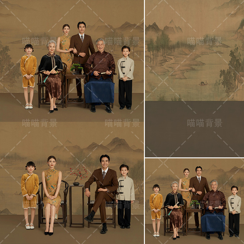 国风工笔画全家福写真拍照背景布2026年新款新年影棚室内一家六口新中式氛围感高级感艺术照背景纸MH-1998