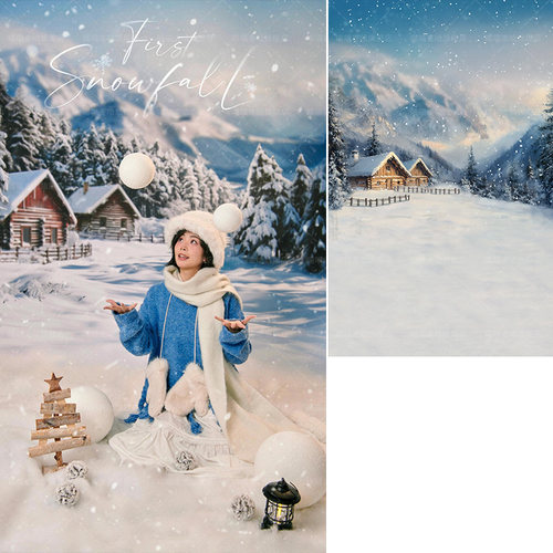 冬天雪景初雪少女圣诞影楼婚纱摄影拍照背景布拍照道具阿勒泰雪山小屋森林摄影背景纸商拍个性创意MH-1920
