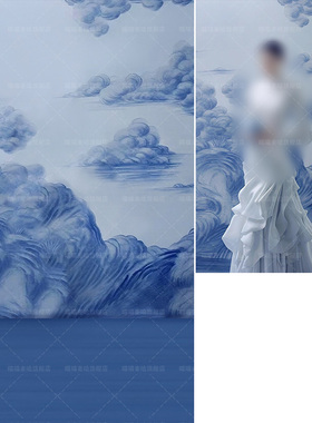 新中式青花瓷古风旗袍艺术照少女写真影楼婚纱摄影背景纸壁纸中国风影棚室内道具背景布抖音直播商拍MH-1910