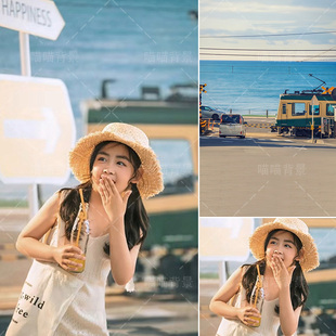 夏季海景儿童少女写真日本镰仓拍照背景布婚纱影楼商拍室内杂志摄影道具背景纸沙滩夏日风景大海平面MH-2873