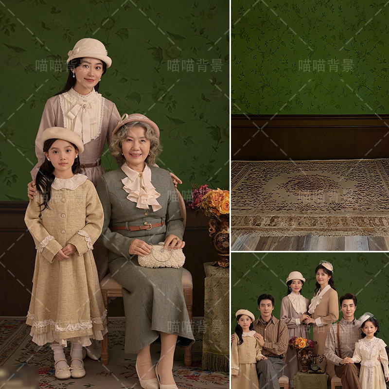 芳华年代亲子照一家六口复古民国风全家福新款影楼婚纱摄影拍照背景布穿越绿色花纹背景墙摄影背景纸MH-3208,3C数码配件,背景布类,淘宝优惠券,粉丝福利购,淘宝优惠卷