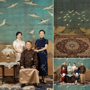 中国风复古油画背景布影楼摄影仿手绘工笔画背景幕布婚纱照全家福飞鹤房屋拍摄拍照道具室内个人艺术写真
