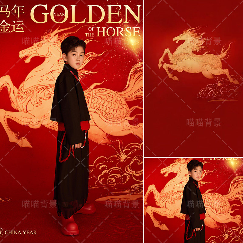 马年金运儿童写真拍照背景布新年元旦喜庆2026年新款全家福影棚室内生日照摄影背景纸国风男孩马年MH-3356