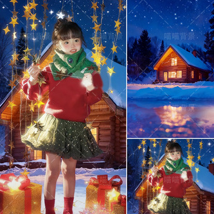 圣诞雪景小屋儿童夜喷绘摄影棚拍照背景布背景布晚氛围感节日写真摄影写真儿童男童童话主题写真室内MH 3189