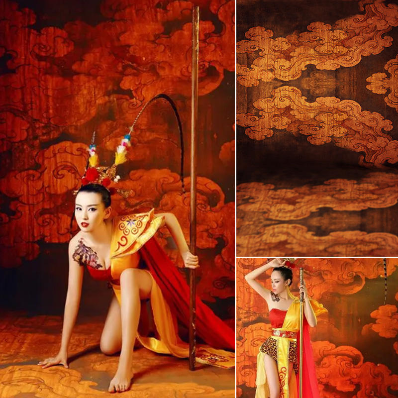 飞天写真敦煌壁画影楼主题背景古装汉服异域背景纸定制卷发婚纱摄影油画背景布