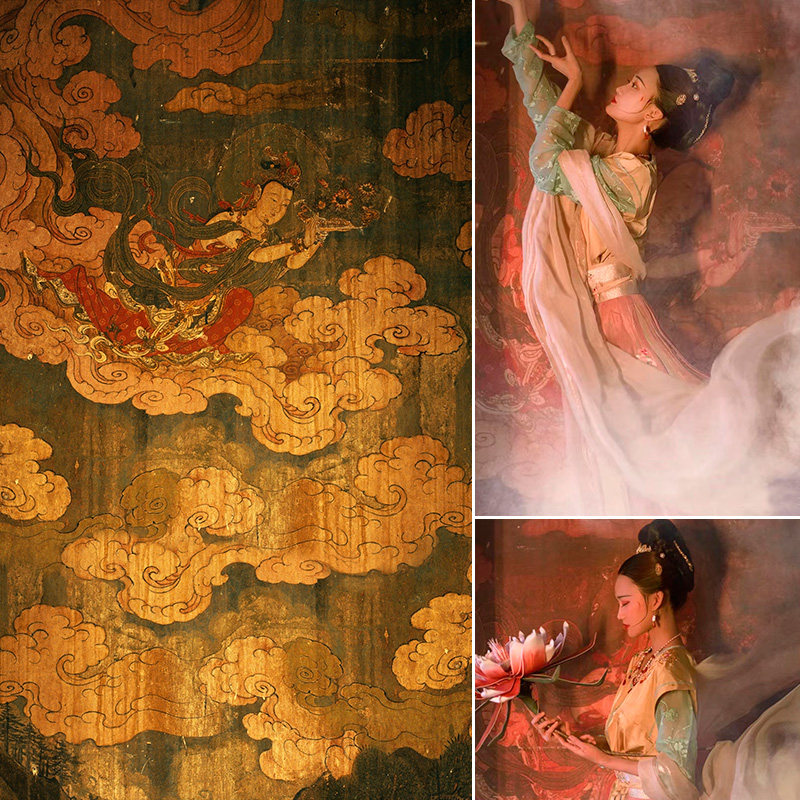 异域飞天复古喷绘背景敦煌仿手绘工笔画室内拍照背景布拍照幕布壁画