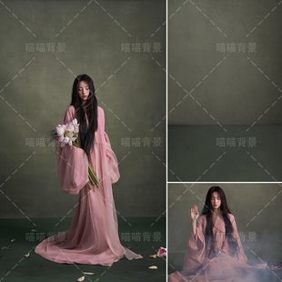 绿色高级感冷清风少女油画写真拍照背景布东方美学国风影棚室内古风少女感艺术照肖像汉服新中式 2879 写真MH